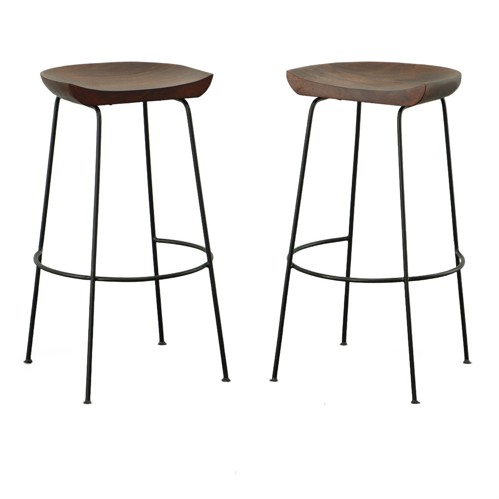 Set of Two Chestnut and Black Solid Wood and Steel Backless Bar Height Bar Chairs By Homeroots | Bar Stools | Modishstore - 7