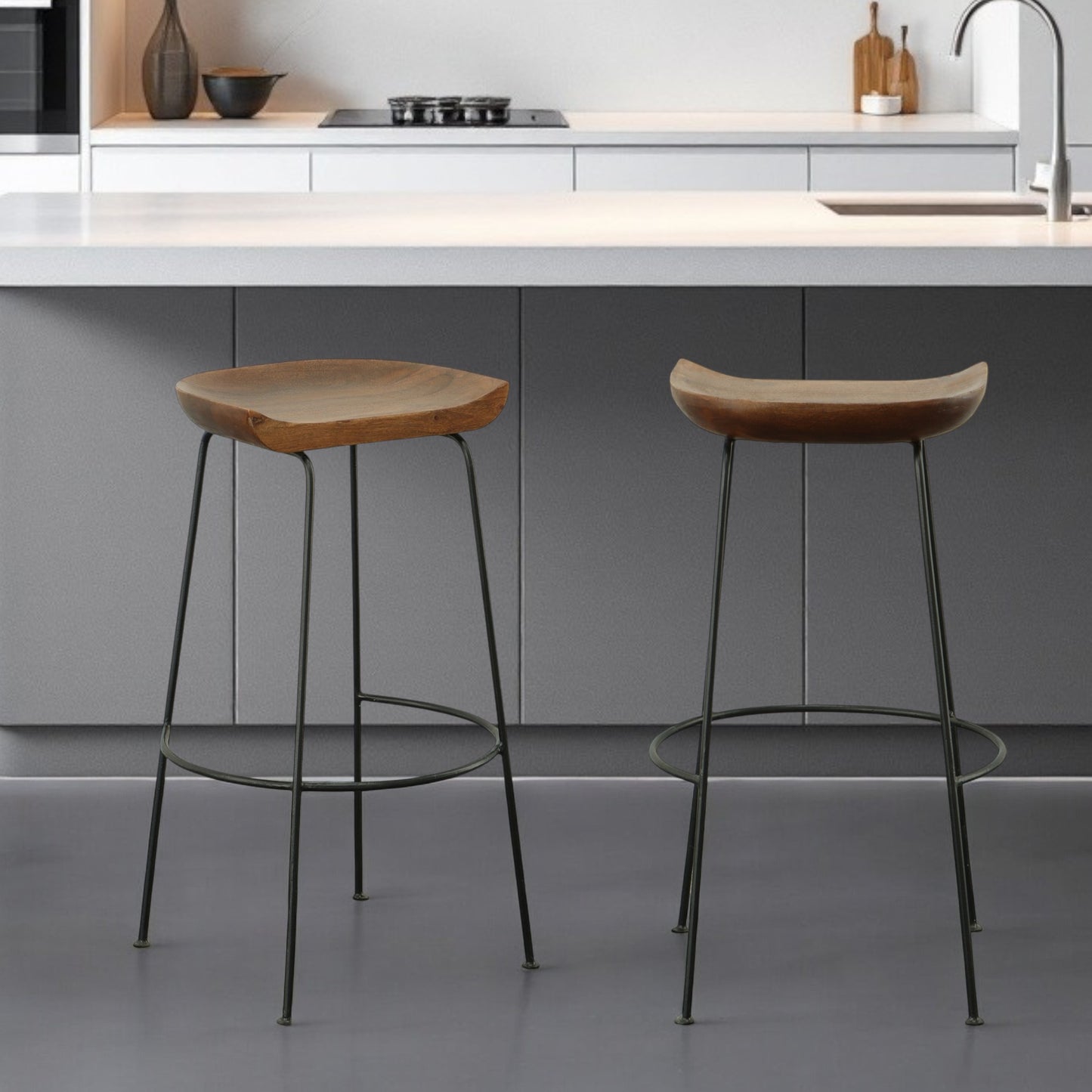 Set of Two Chestnut and Black Solid Wood and Steel Backless Bar Height Bar Chairs By Homeroots | Bar Stools | Modishstore - 1