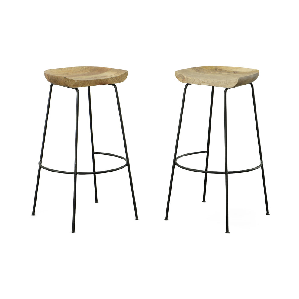 Set of Two Natural and Black Solid Wood and Steel Backless Bar Height Bar Chairs By Homeroots | Bar Stools | Modishstore - 7