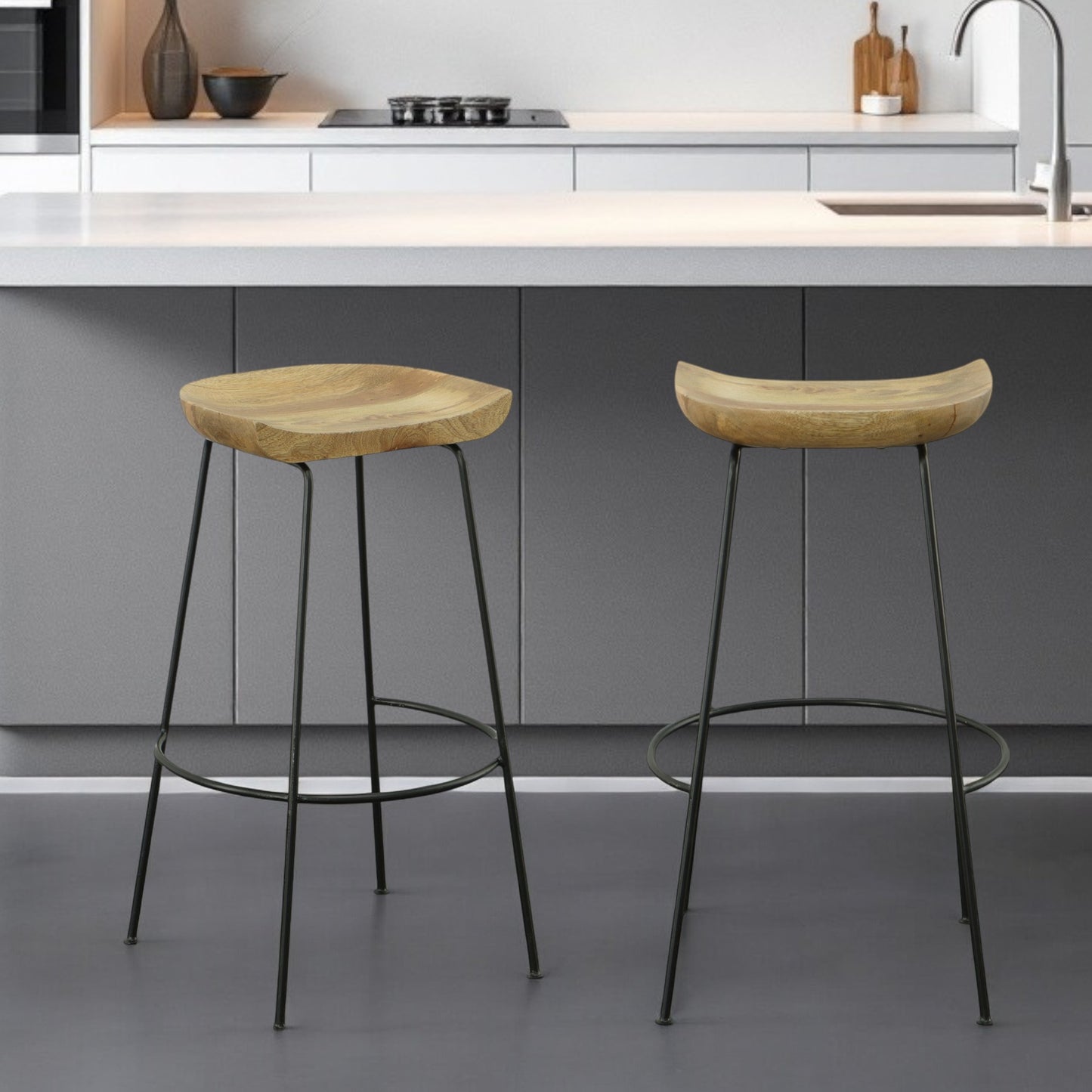 Set of Two Natural and Black Solid Wood and Steel Backless Bar Height Bar Chairs By Homeroots | Bar Stools | Modishstore - 1