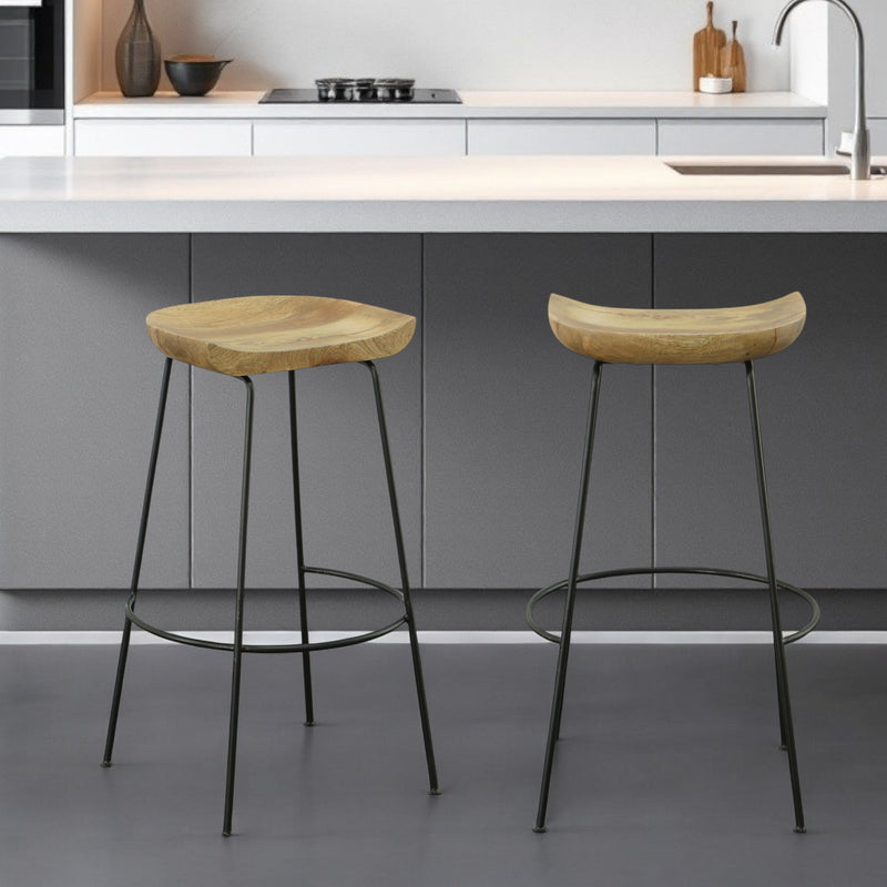 Set of Two Natural and Black Solid Wood and Steel Backless Bar Height Bar Chairs By Homeroots | Bar Stools | Modishstore - 1