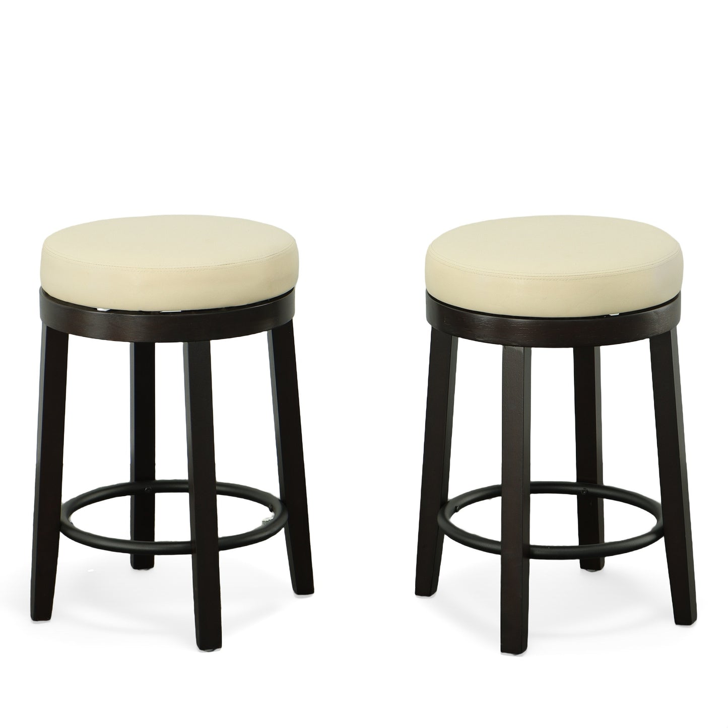 Set of Two Cream and Espresso Faux Leather and Solid Wood Backless Counter Height Swivel Bar Chairs By Homeroots | Bar Stools | Modishstore - 3