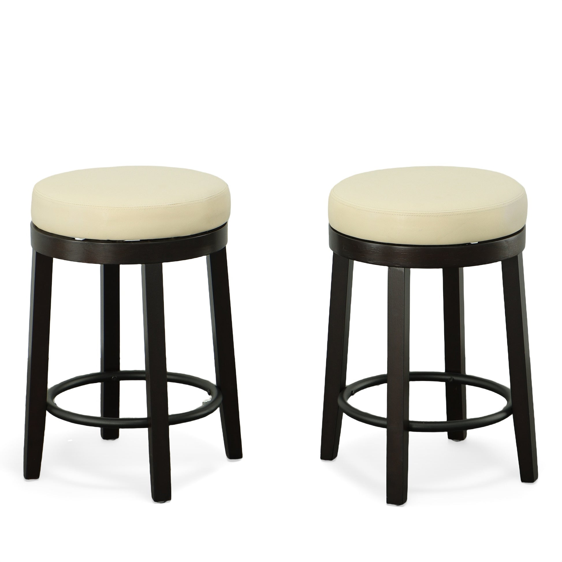Set of Two Cream and Espresso Faux Leather and Solid Wood Backless Counter Height Swivel Bar Chairs By Homeroots | Bar Stools | Modishstore - 3