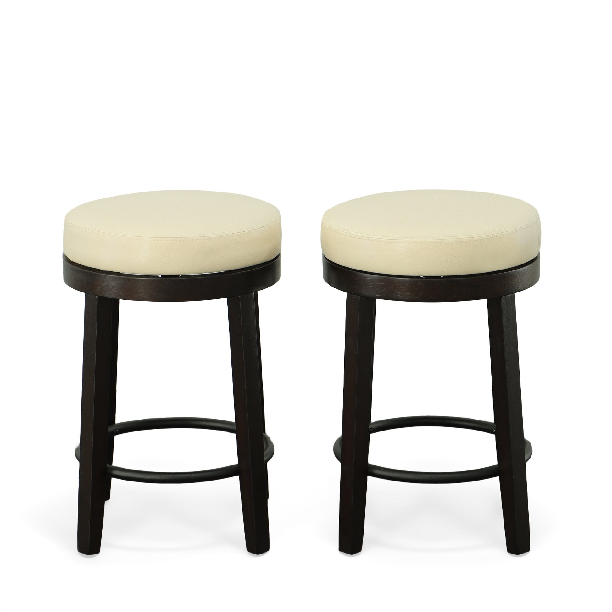 Set of Two Cream and Espresso Faux Leather and Solid Wood Backless Counter Height Swivel Bar Chairs By Homeroots | Bar Stools | Modishstore - 2