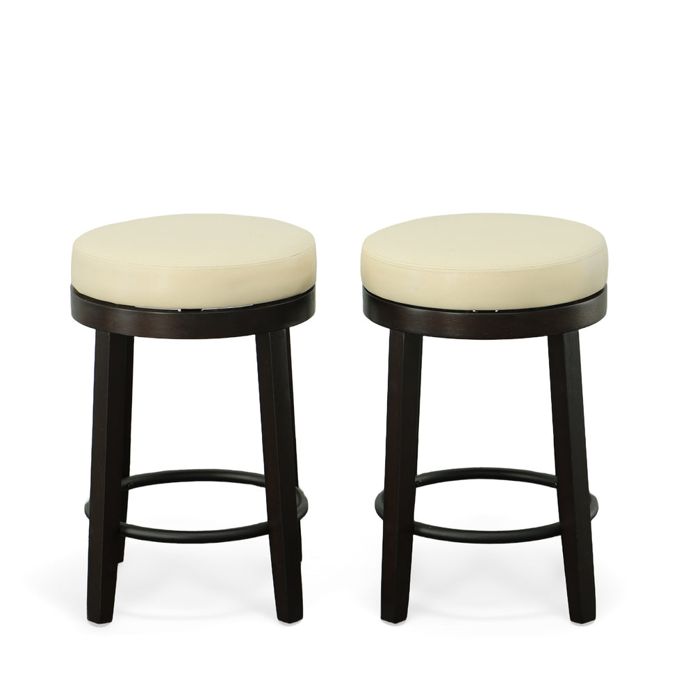 Set of Two Cream and Espresso Faux Leather and Solid Wood Backless Counter Height Swivel Bar Chairs By Homeroots | Bar Stools | Modishstore - 2