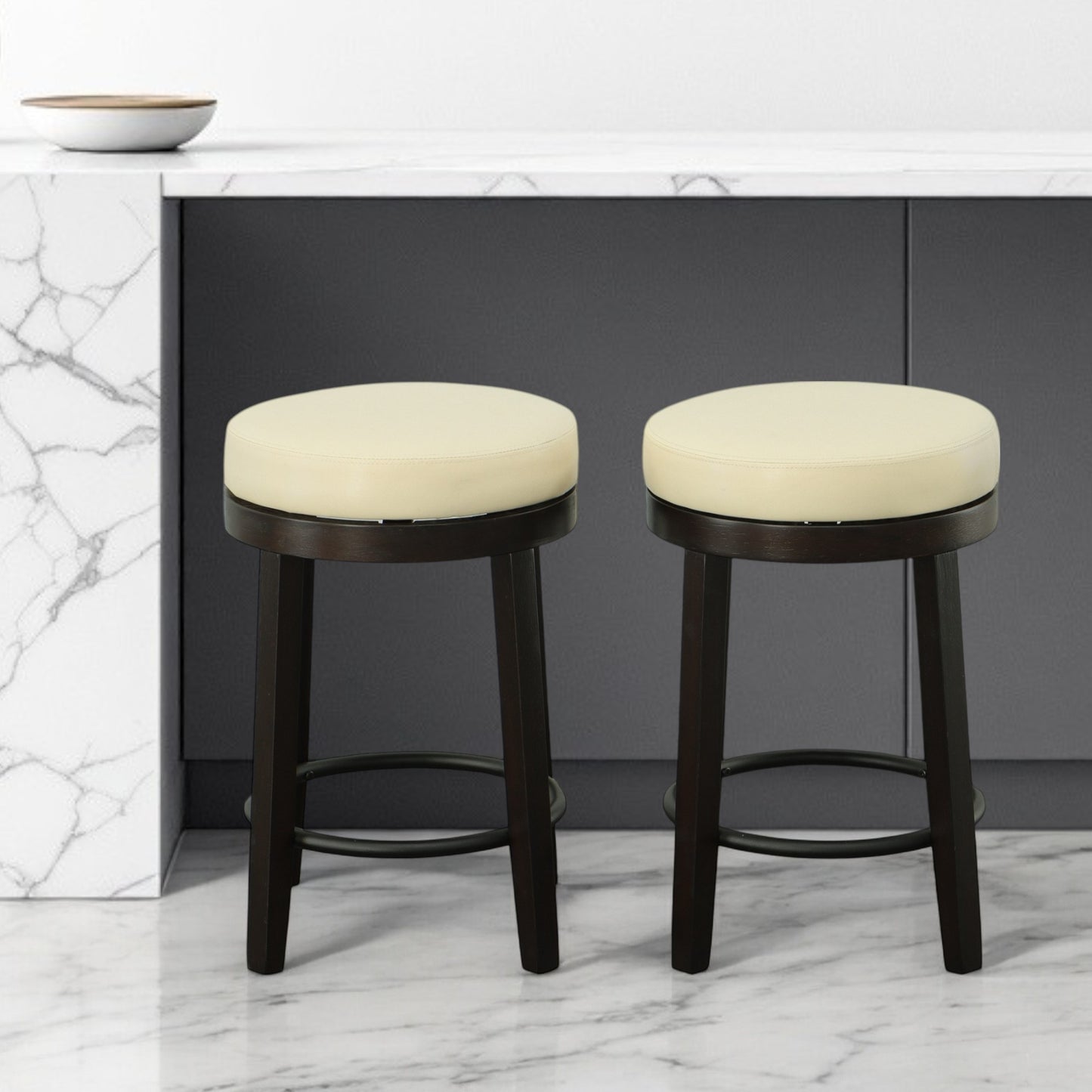 Set of Two Cream and Espresso Faux Leather and Solid Wood Backless Counter Height Swivel Bar Chairs By Homeroots | Bar Stools | Modishstore - 1