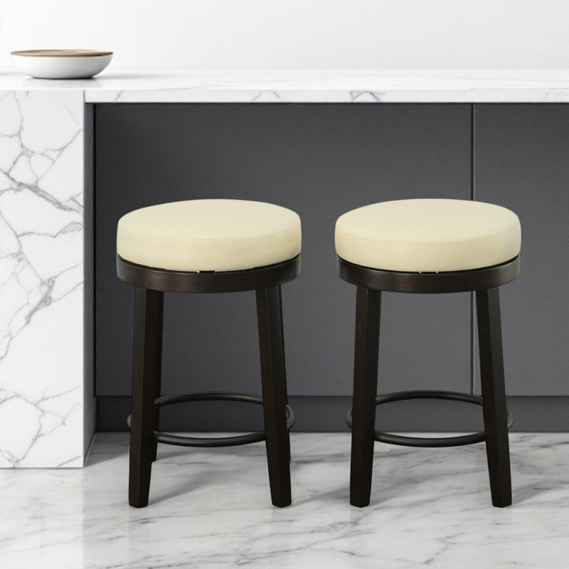 Set of Two Cream and Espresso Faux Leather and Solid Wood Backless Counter Height Swivel Bar Chairs By Homeroots | Bar Stools | Modishstore - 1