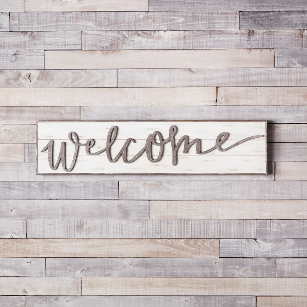 White And Gray Welcome Solid and Manufactured Wood Wall Decor By Homeroots | Wall Decor | Modishstore - 7