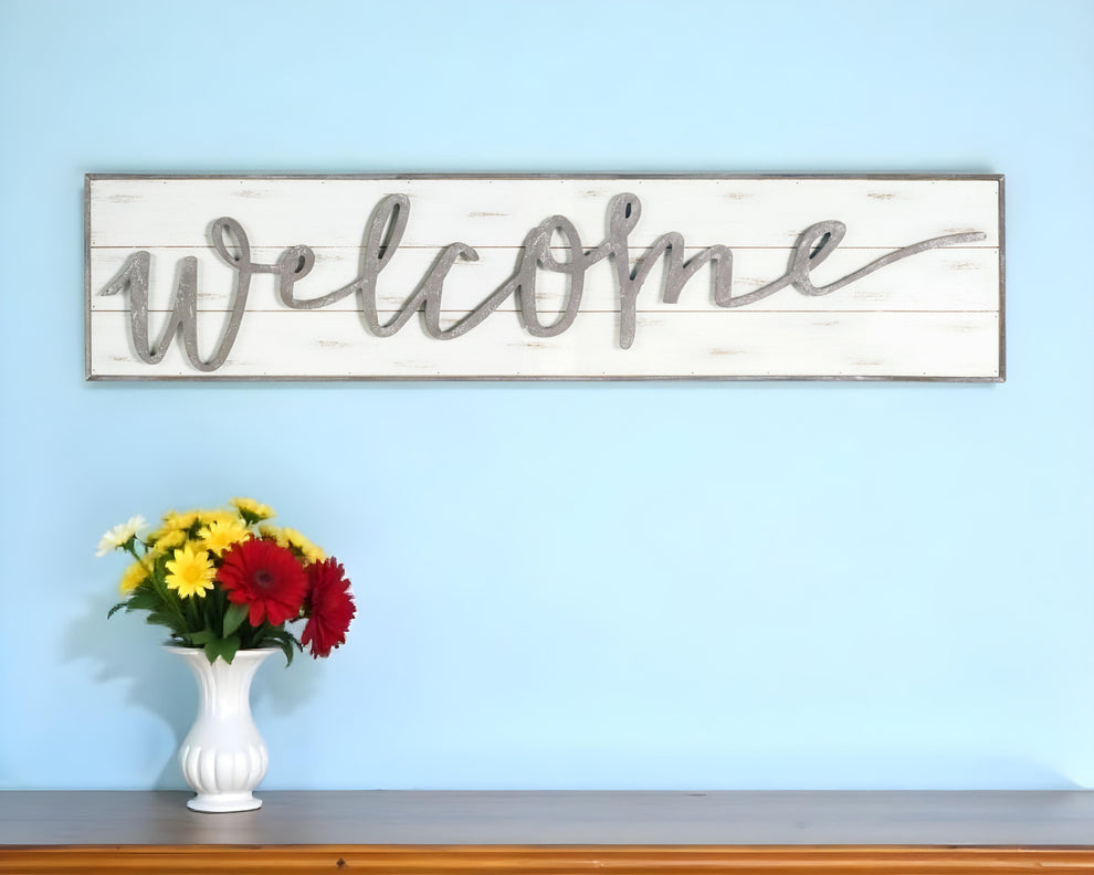 White And Gray Welcome Solid and Manufactured Wood Wall Decor By Homeroots | Wall Decor | Modishstore - 2