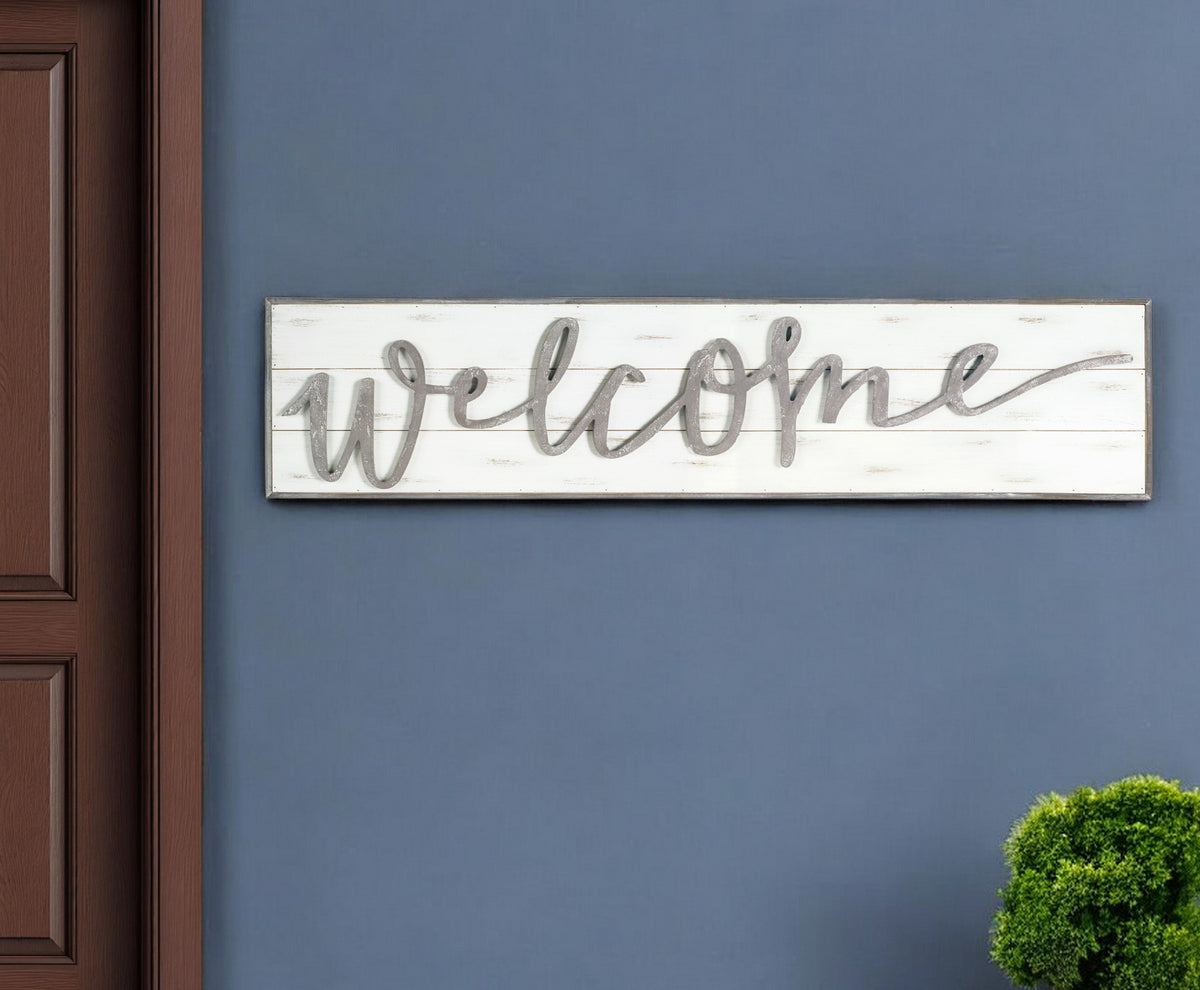 White And Gray Welcome Solid and Manufactured Wood Wall Decor By Homeroots | Wall Decor | Modishstore - 1
