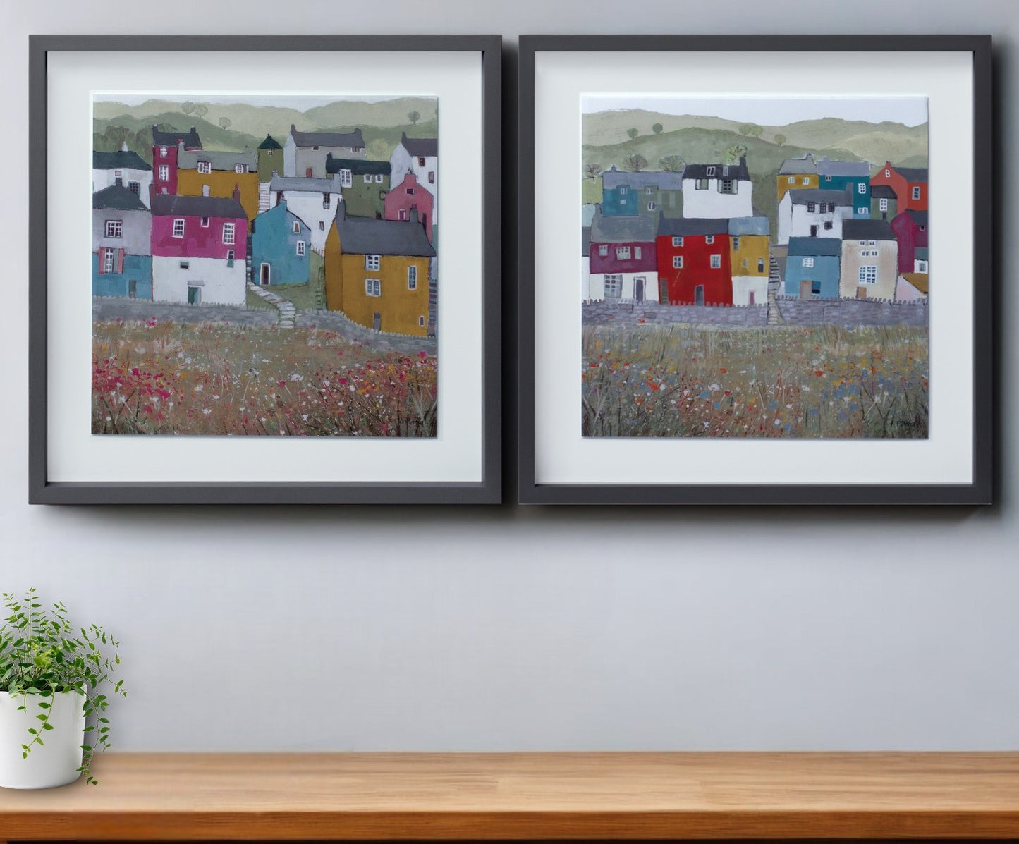 Set of Two Gray Green And Yellow Wood Square Framed Art By Homeroots | Wall Decor | Modishstore - 1