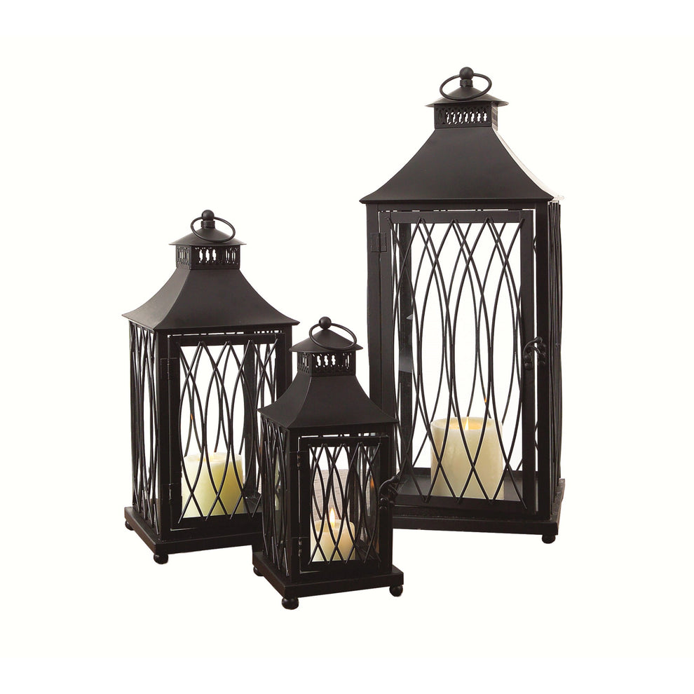 Set of Three Black Glass and Metal Geometric Floor Lantern Candle Holders By Homeroots | Candle Holders | Modishstore - 4