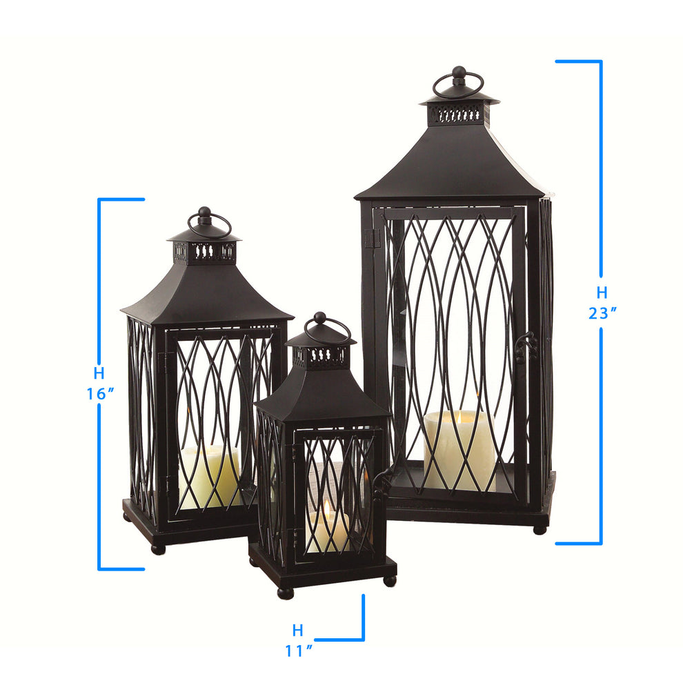 Set of Three Black Glass and Metal Geometric Floor Lantern Candle Holders By Homeroots | Candle Holders | Modishstore - 3