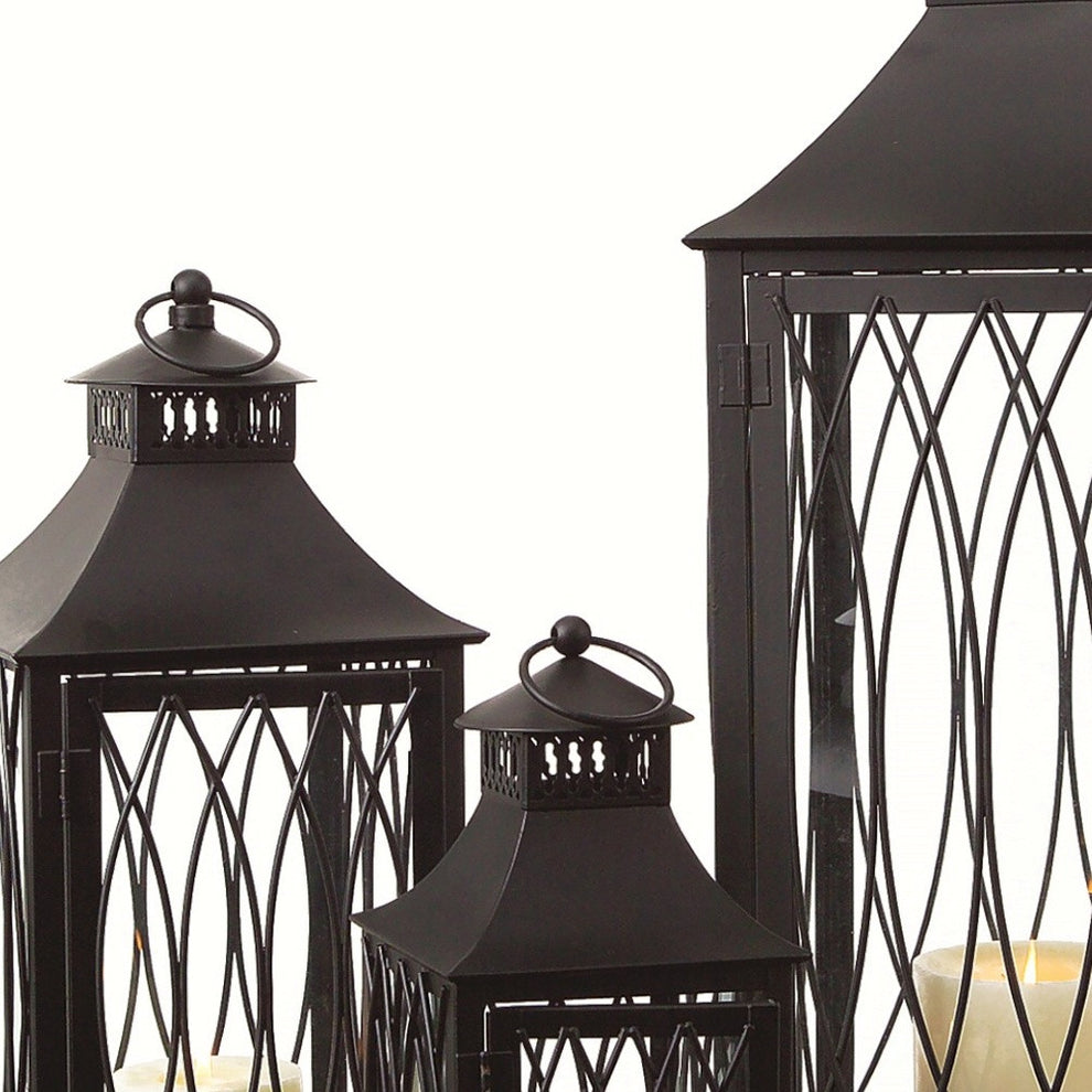 Set of Three Black Glass and Metal Geometric Floor Lantern Candle Holders By Homeroots | Candle Holders | Modishstore - 5