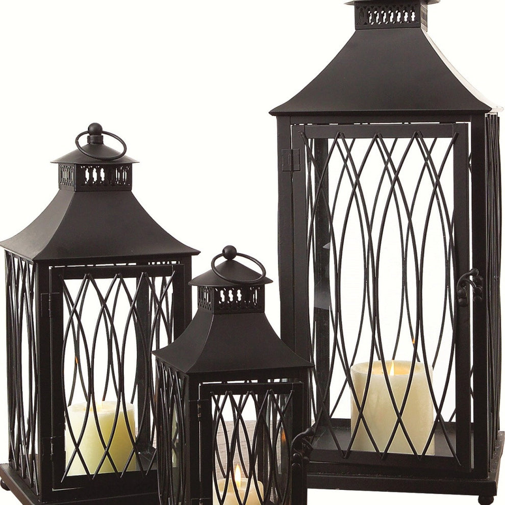 Set of Three Black Glass and Metal Geometric Floor Lantern Candle Holders By Homeroots | Candle Holders | Modishstore - 2