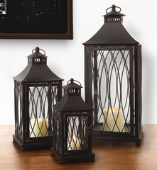 Set of Three Black Glass and Metal Geometric Floor Lantern Candle Holders By Homeroots