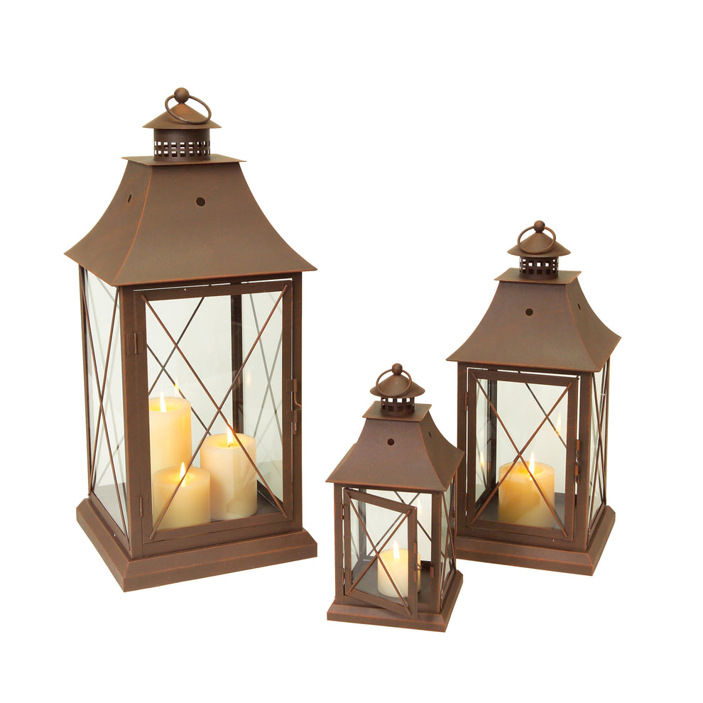 Set of Three Brown Glass and Metal Lattice Floor Lantern Candle Holders By Homeroots | Candle Holders | Modishstore - 3