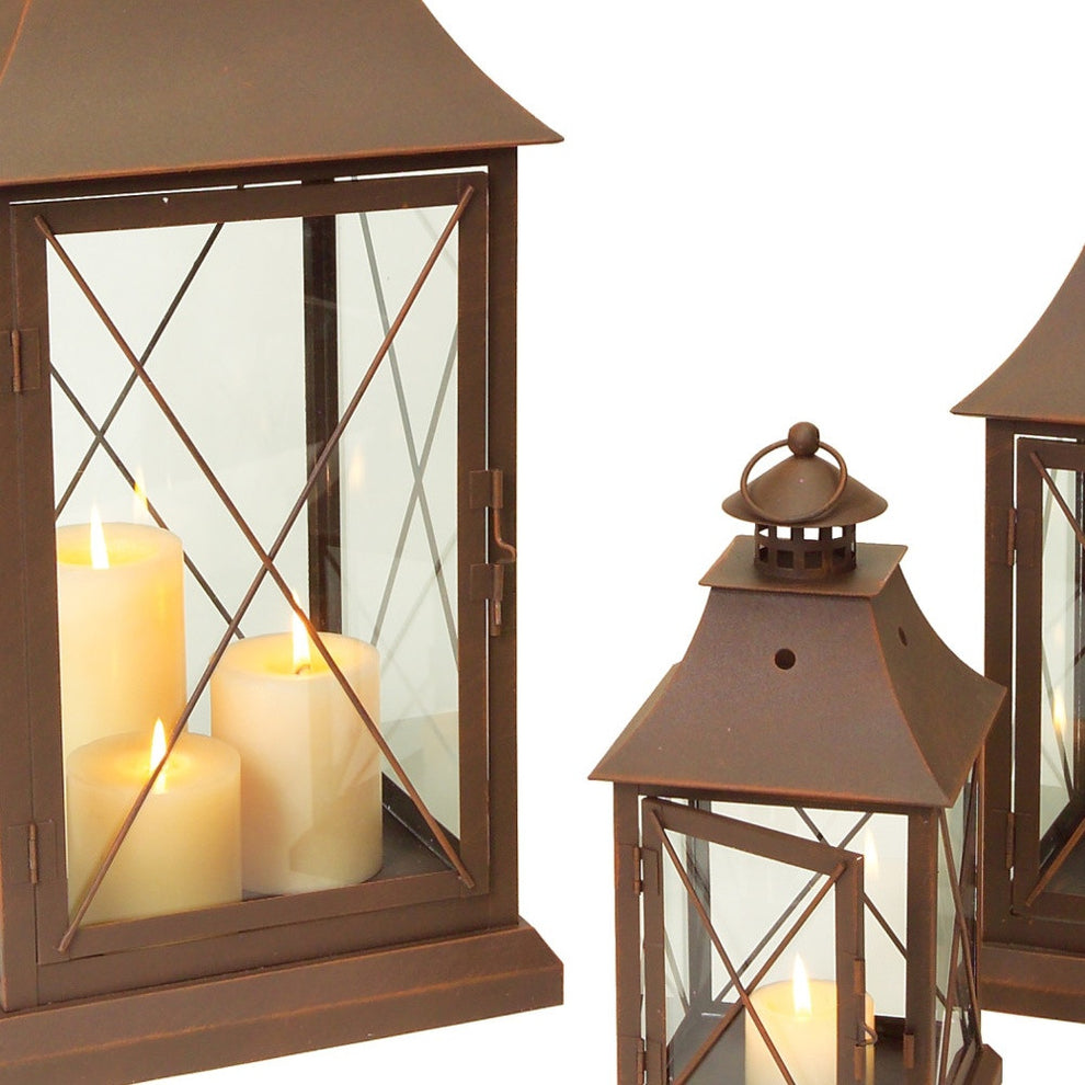 Set of Three Brown Glass and Metal Lattice Floor Lantern Candle Holders By Homeroots | Candle Holders | Modishstore - 4