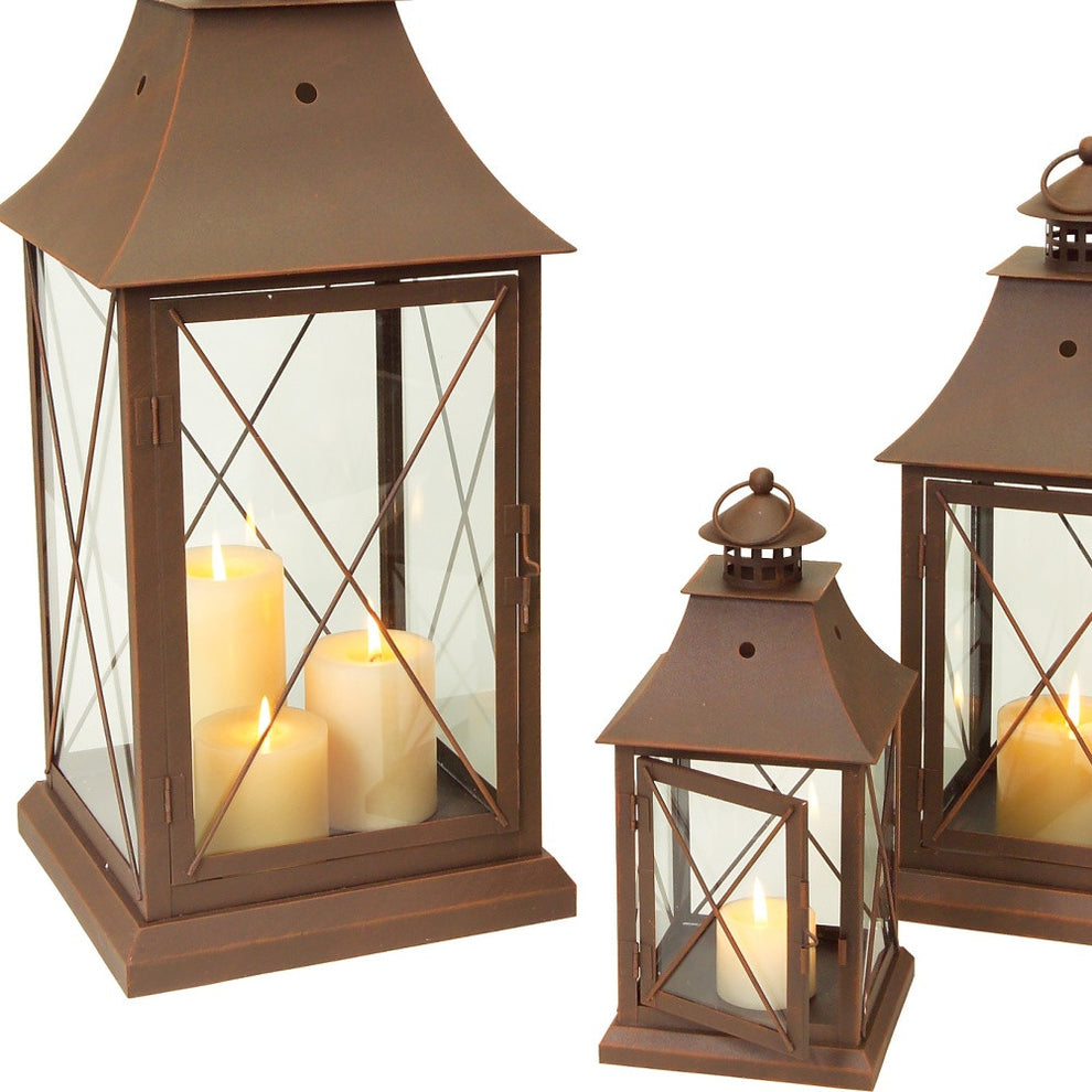 Set of Three Brown Glass and Metal Lattice Floor Lantern Candle Holders By Homeroots | Candle Holders | Modishstore - 2