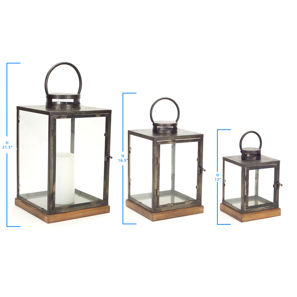 Set of Three Gray and Brown Glass Metal and Wood Geometric Floor Lantern Candle Holders By Homeroots | Candle Holders | Modishstore - 3