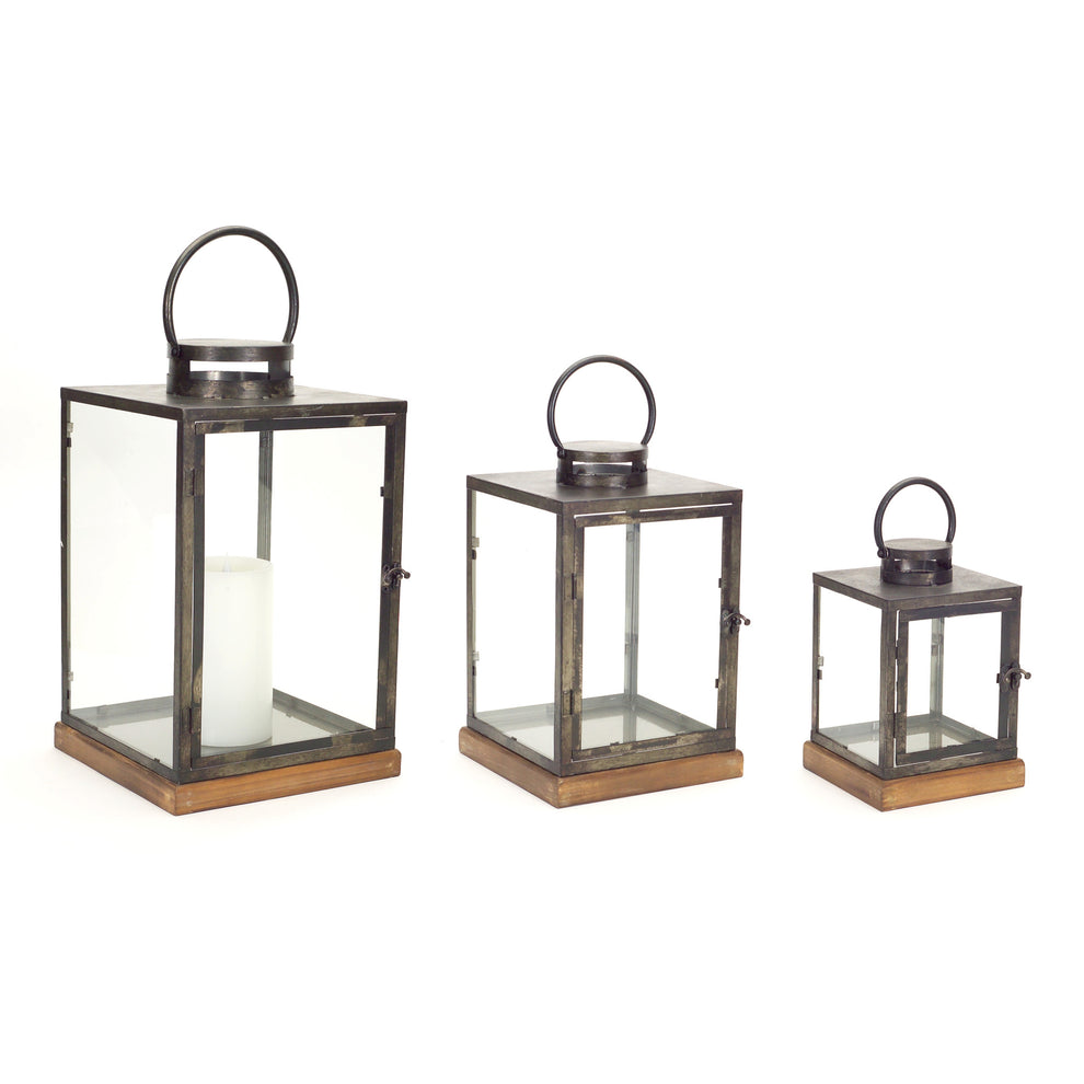 Set of Three Gray and Brown Glass Metal and Wood Geometric Floor Lantern Candle Holders By Homeroots | Candle Holders | Modishstore - 4