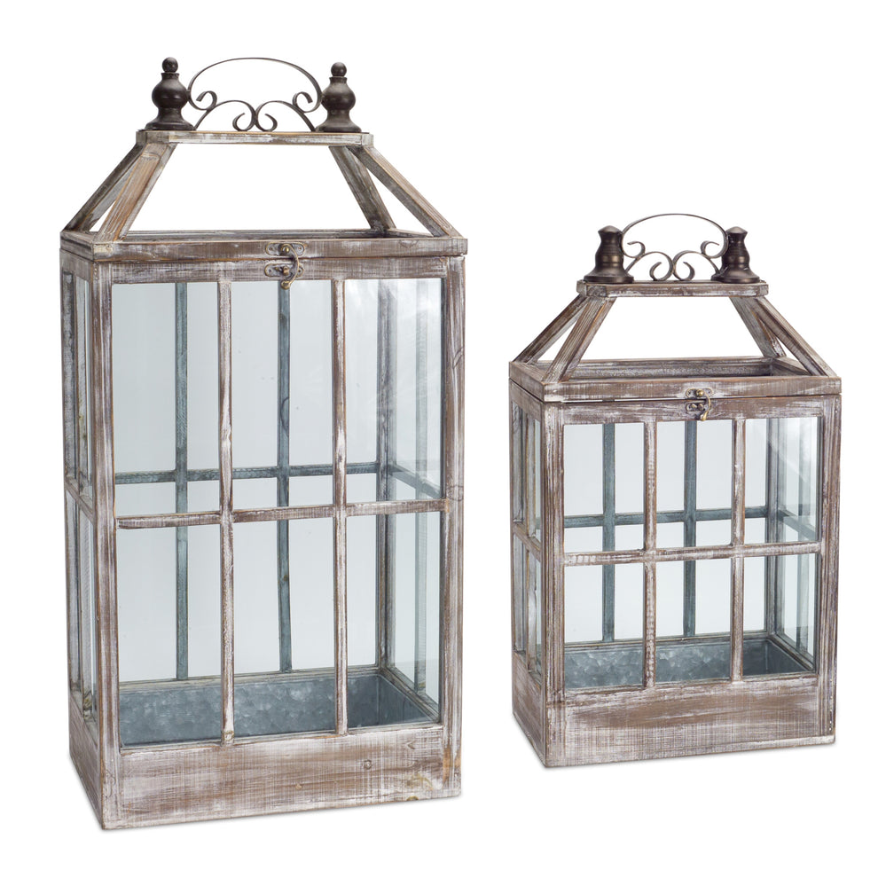 Set of Two White Washed Wood and Glass Floor Lantern Candle Holders By Homeroots | Candle Holders | Modishstore - 6