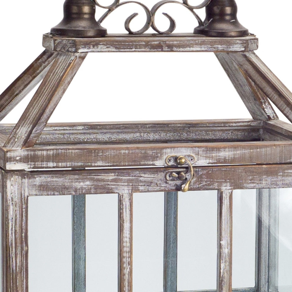 Set of Two White Washed Wood and Glass Floor Lantern Candle Holders By Homeroots | Candle Holders | Modishstore - 3