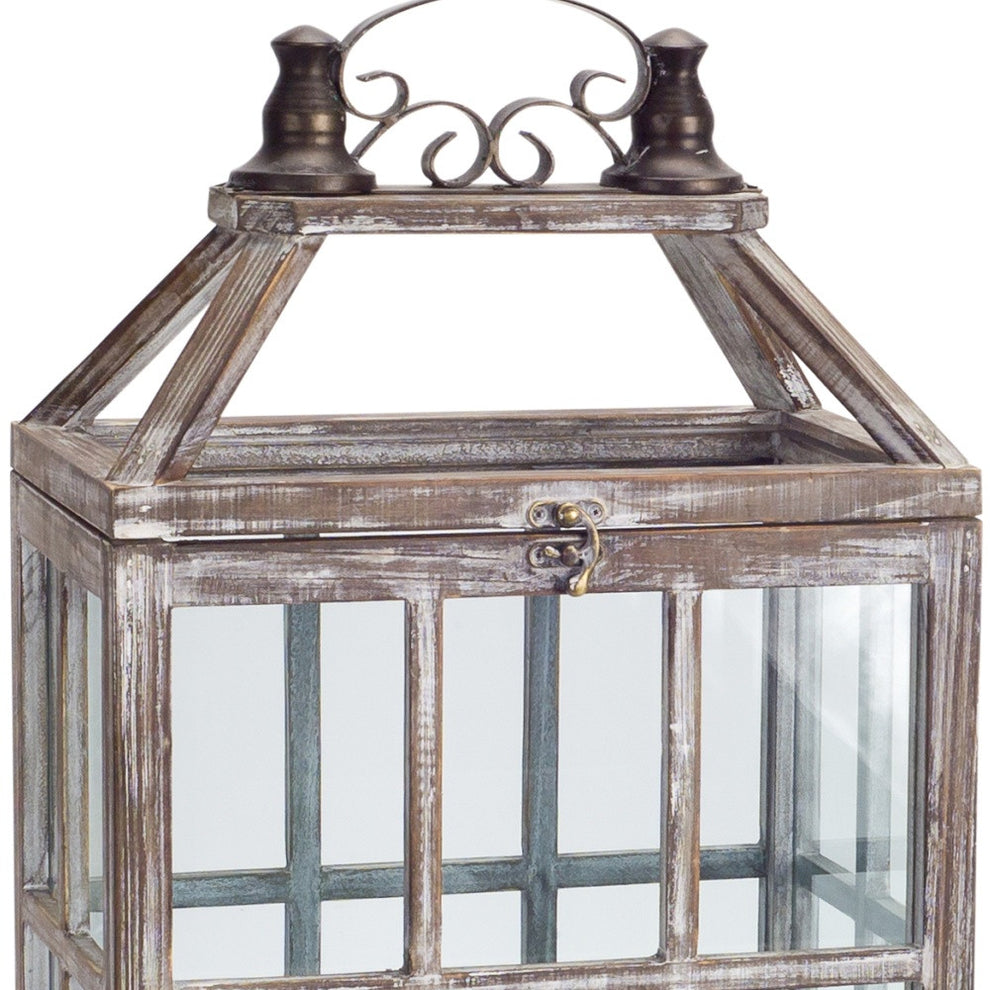 Set of Two White Washed Wood and Glass Floor Lantern Candle Holders By Homeroots | Candle Holders | Modishstore - 2
