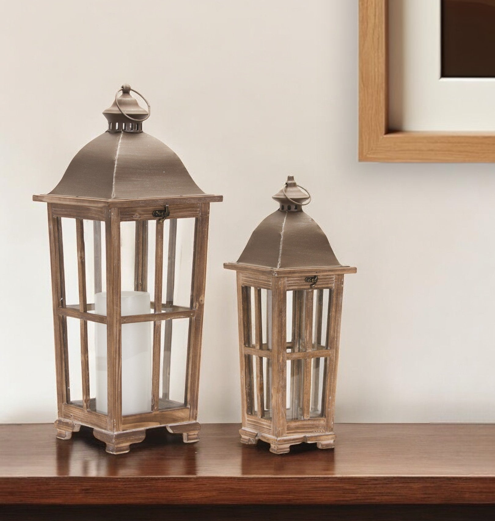 Set of Two Natural Solid Wood Ornate Tabletop Lantern Candle Holders By Homeroots | Candle Holders | Modishstore - 1