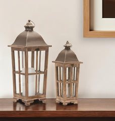 Set of Two Natural Solid Wood Ornate Tabletop Lantern Candle Holders By Homeroots