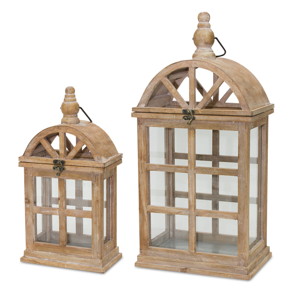 Set of Two Natural Wood and Glass Geometric Floor Lantern Candle Holders By Homeroots | Candle Holders | Modishstore - 4