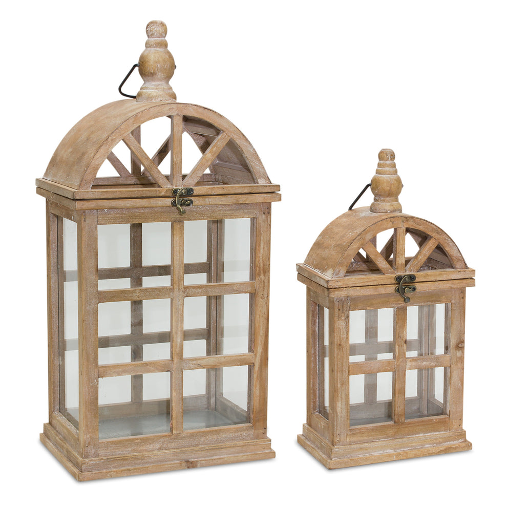 Set of Two Natural Wood and Glass Geometric Floor Lantern Candle Holders By Homeroots | Candle Holders | Modishstore - 3
