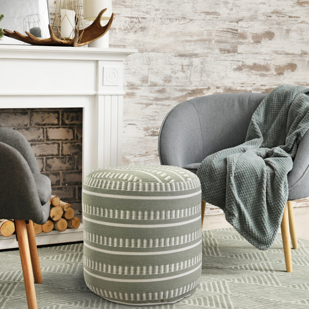Green Polyester Round Striped Indoor Outdoor Pouf Ottoman By Homeroots | Outdoor Ottomans | Modishstore - 8