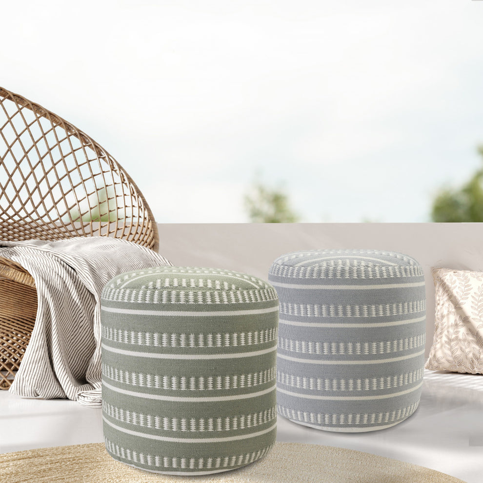 Green Polyester Round Striped Indoor Outdoor Pouf Ottoman By Homeroots | Outdoor Ottomans | Modishstore - 7