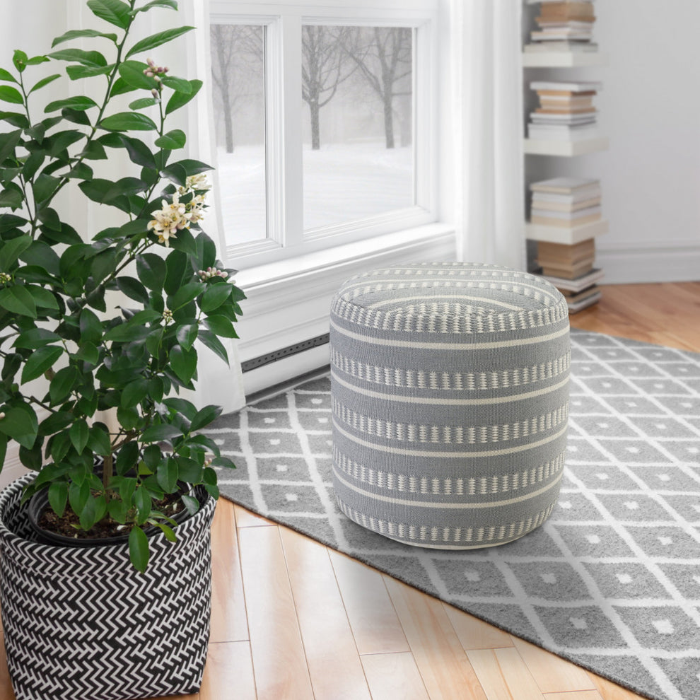 Blue Polyester Round Striped Indoor Outdoor Pouf Ottoman By Homeroots | Outdoor Ottomans | Modishstore - 7