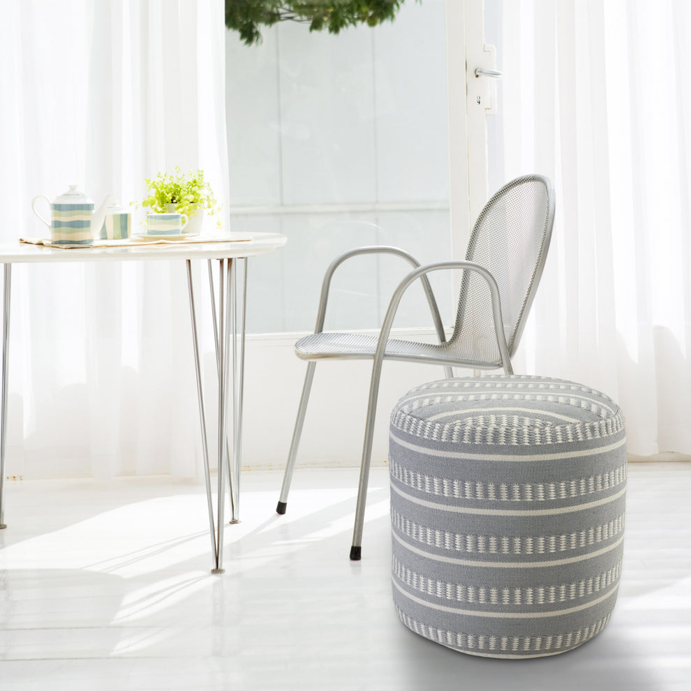 Blue Polyester Round Striped Indoor Outdoor Pouf Ottoman By Homeroots | Outdoor Ottomans | Modishstore - 8