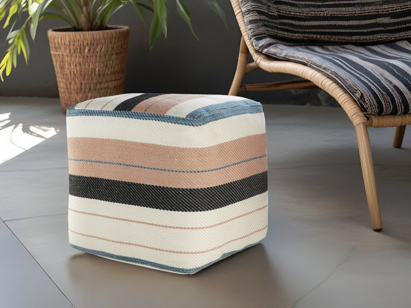 White Polyester Striped Indoor Outdoor Pouf Ottoman By Homeroots | Outdoor Ottomans | Modishstore - 1