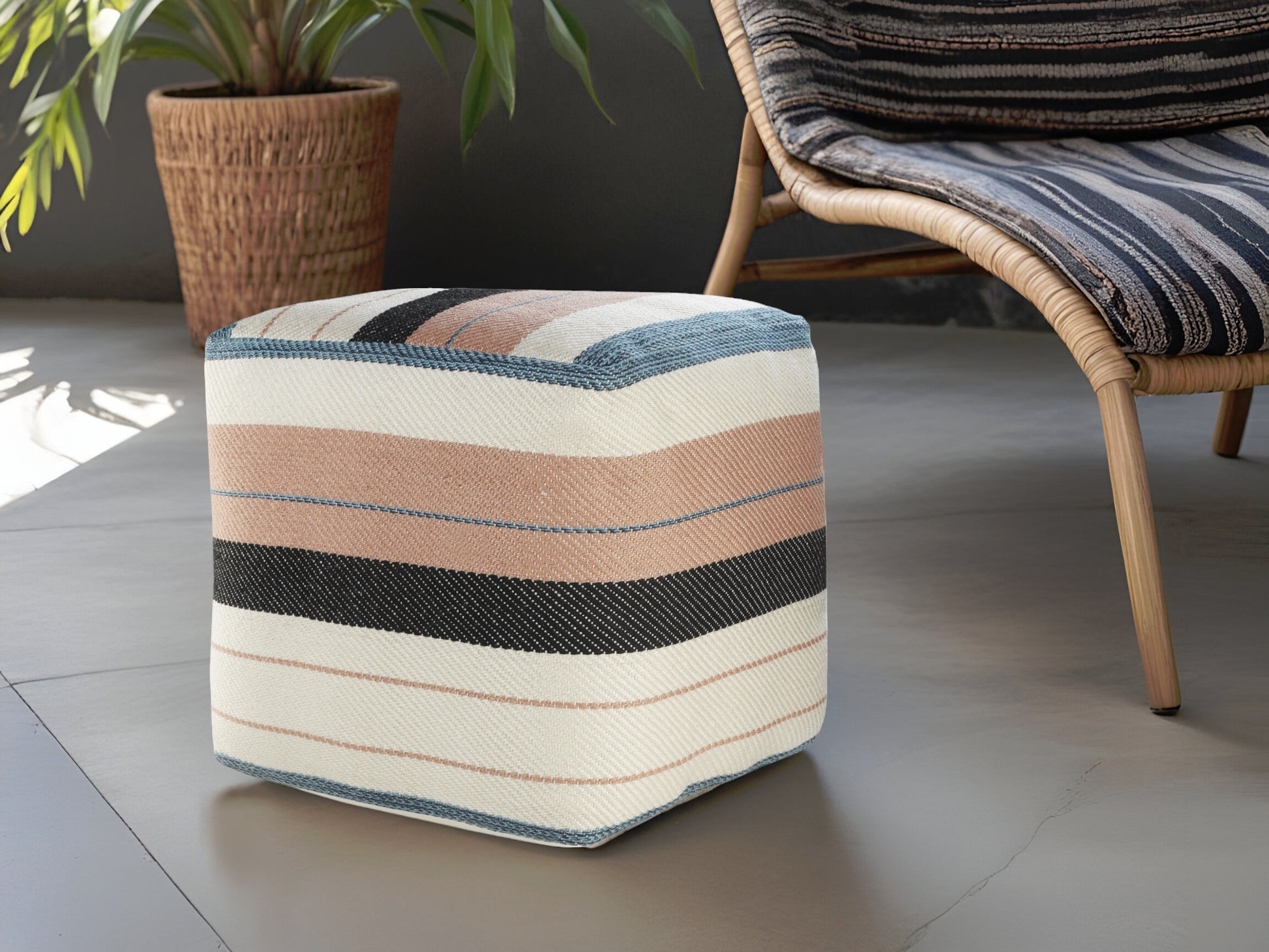 White Polyester Striped Indoor Outdoor Pouf Ottoman By Homeroots | Outdoor Ottomans | Modishstore - 1
