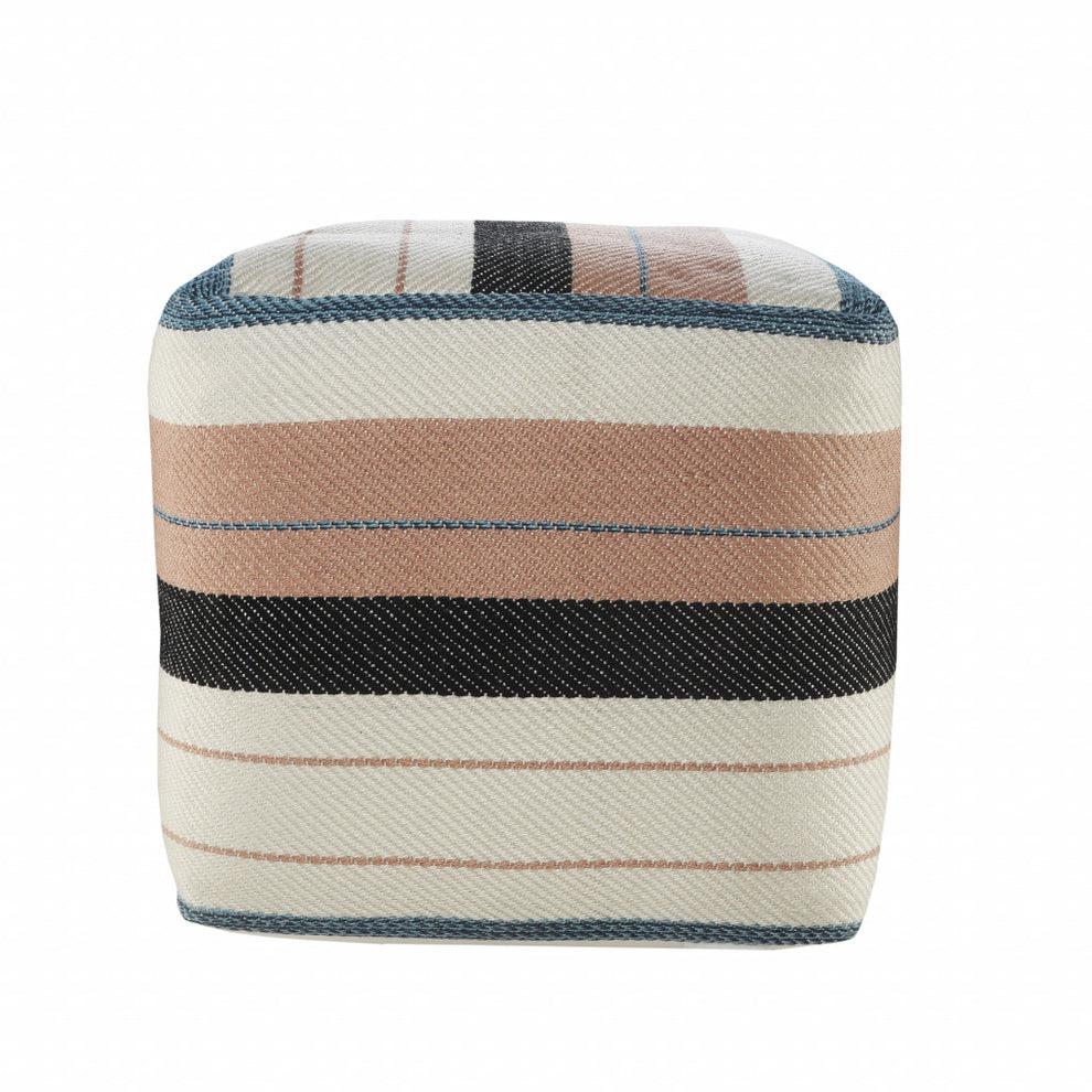White Polyester Striped Indoor Outdoor Pouf Ottoman By Homeroots | Outdoor Ottomans | Modishstore - 3