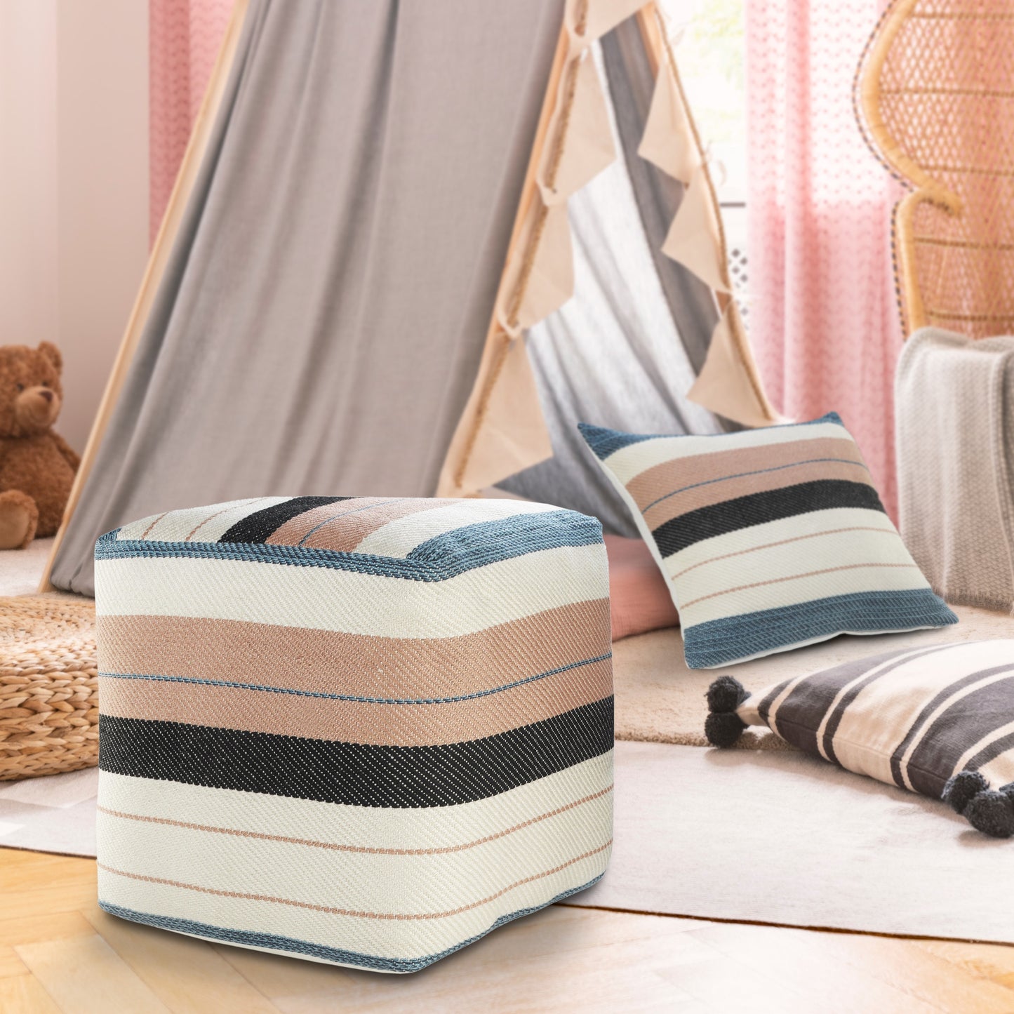 White Polyester Striped Indoor Outdoor Pouf Ottoman By Homeroots | Outdoor Ottomans | Modishstore - 7