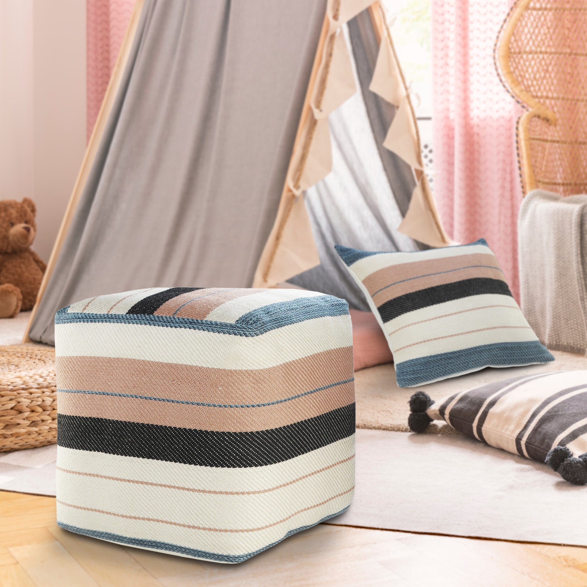 White Polyester Striped Indoor Outdoor Pouf Ottoman By Homeroots | Outdoor Ottomans | Modishstore - 7