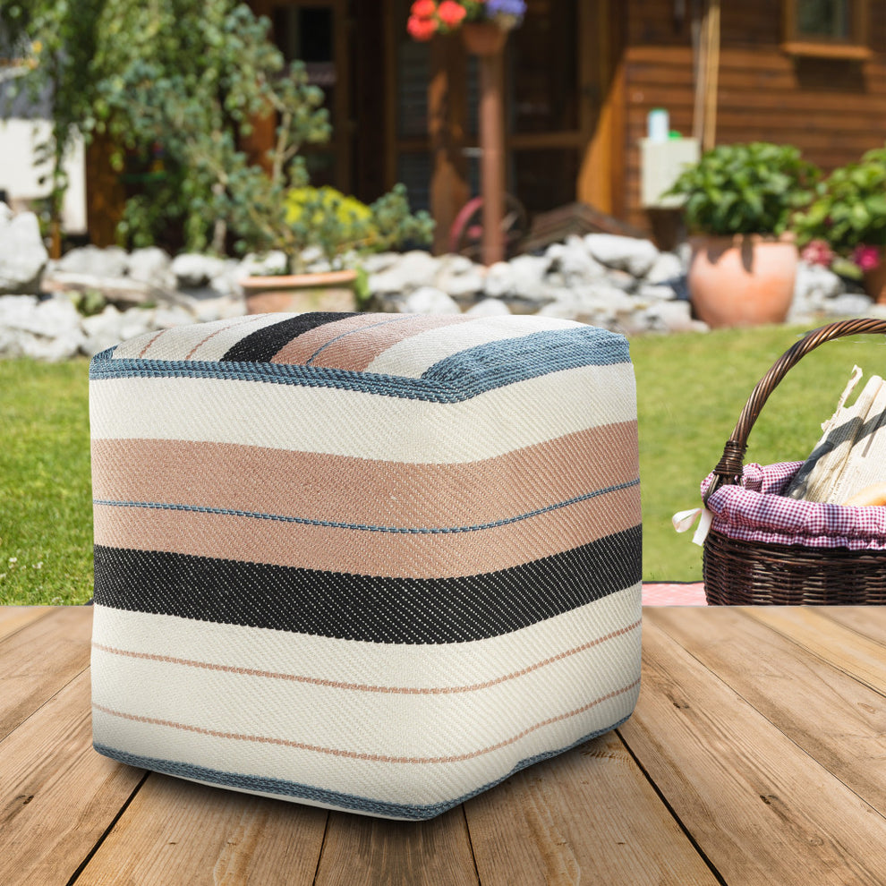 White Polyester Striped Indoor Outdoor Pouf Ottoman By Homeroots | Outdoor Ottomans | Modishstore - 8