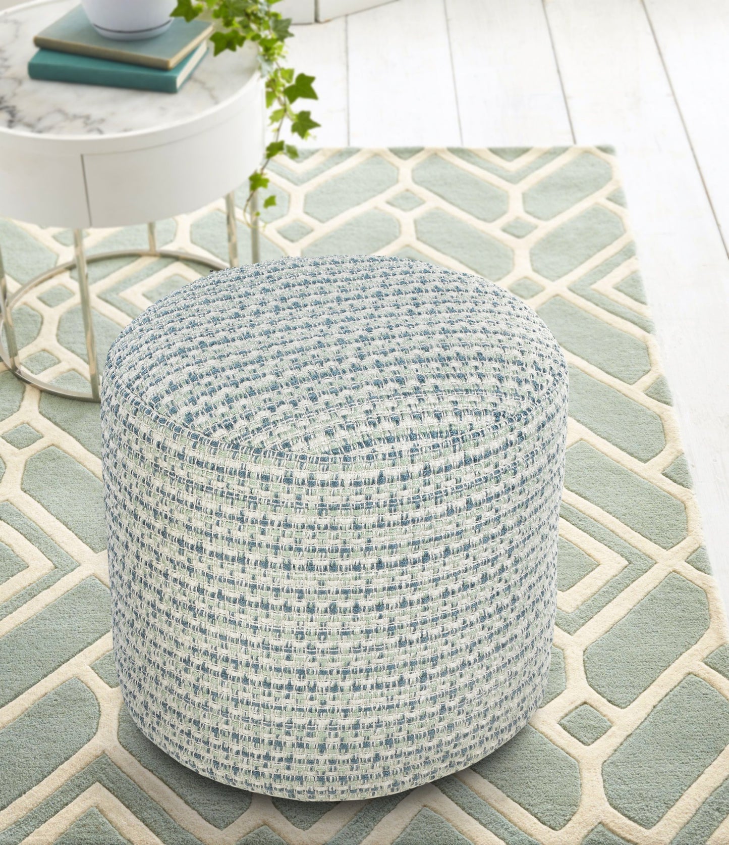 Blue Polyester Round Geometric Indoor Outdoor Pouf Ottoman By Homeroots | Outdoor Ottomans | Modishstore - 7