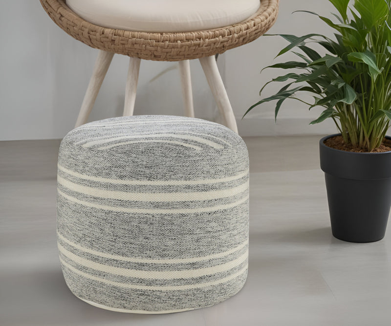 Gray Polyester Round Striped Indoor Outdoor Pouf Ottoman By Homeroots | Outdoor Ottomans | Modishstore - 1
