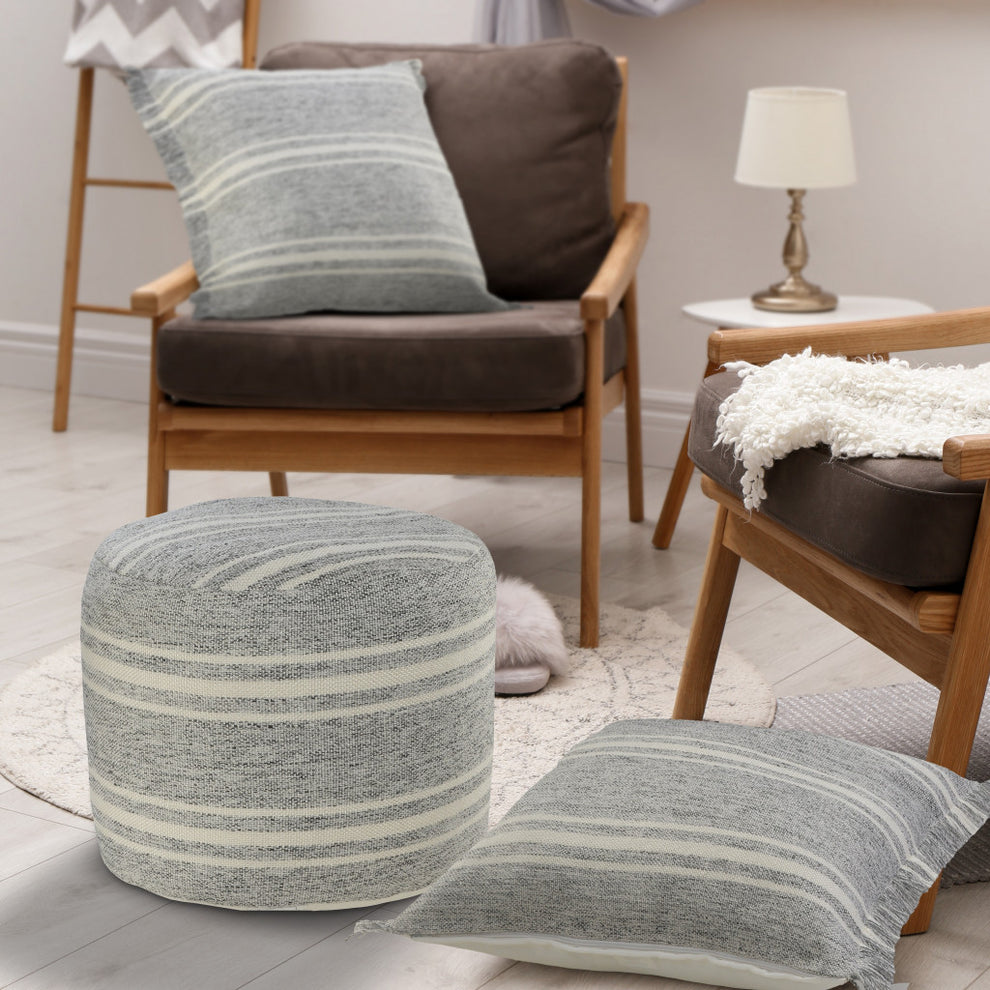 Gray Polyester Round Striped Indoor Outdoor Pouf Ottoman By Homeroots | Outdoor Ottomans | Modishstore - 7
