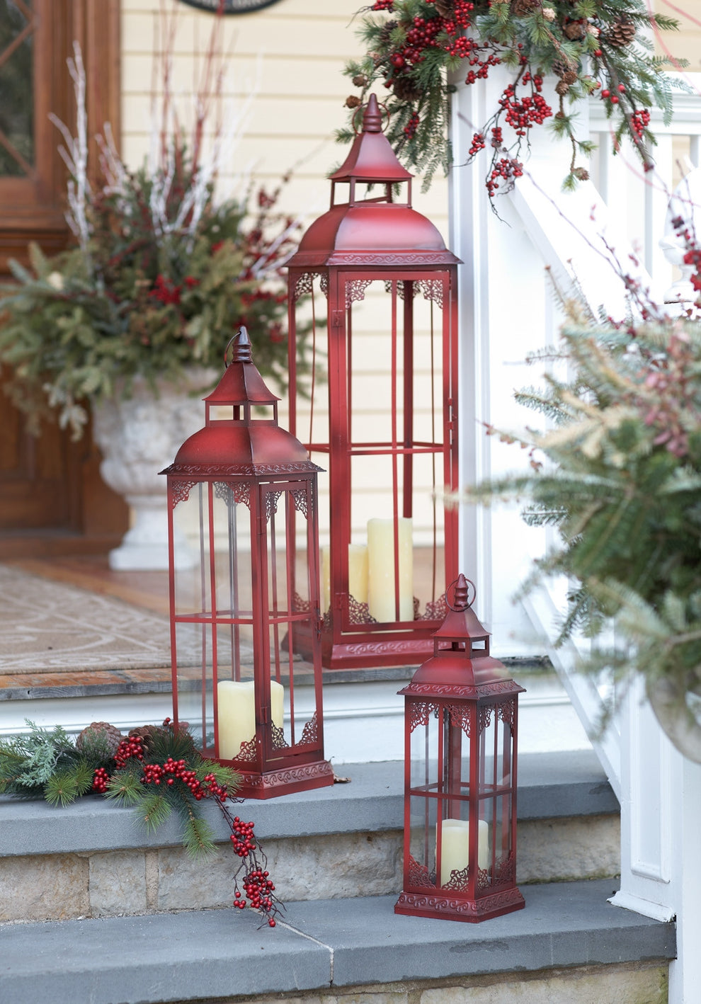 Set of Three Red Glass and Metal Ornate Floor Lantern Candle Holders By Homeroots | Candle Holders | Modishstore - 7