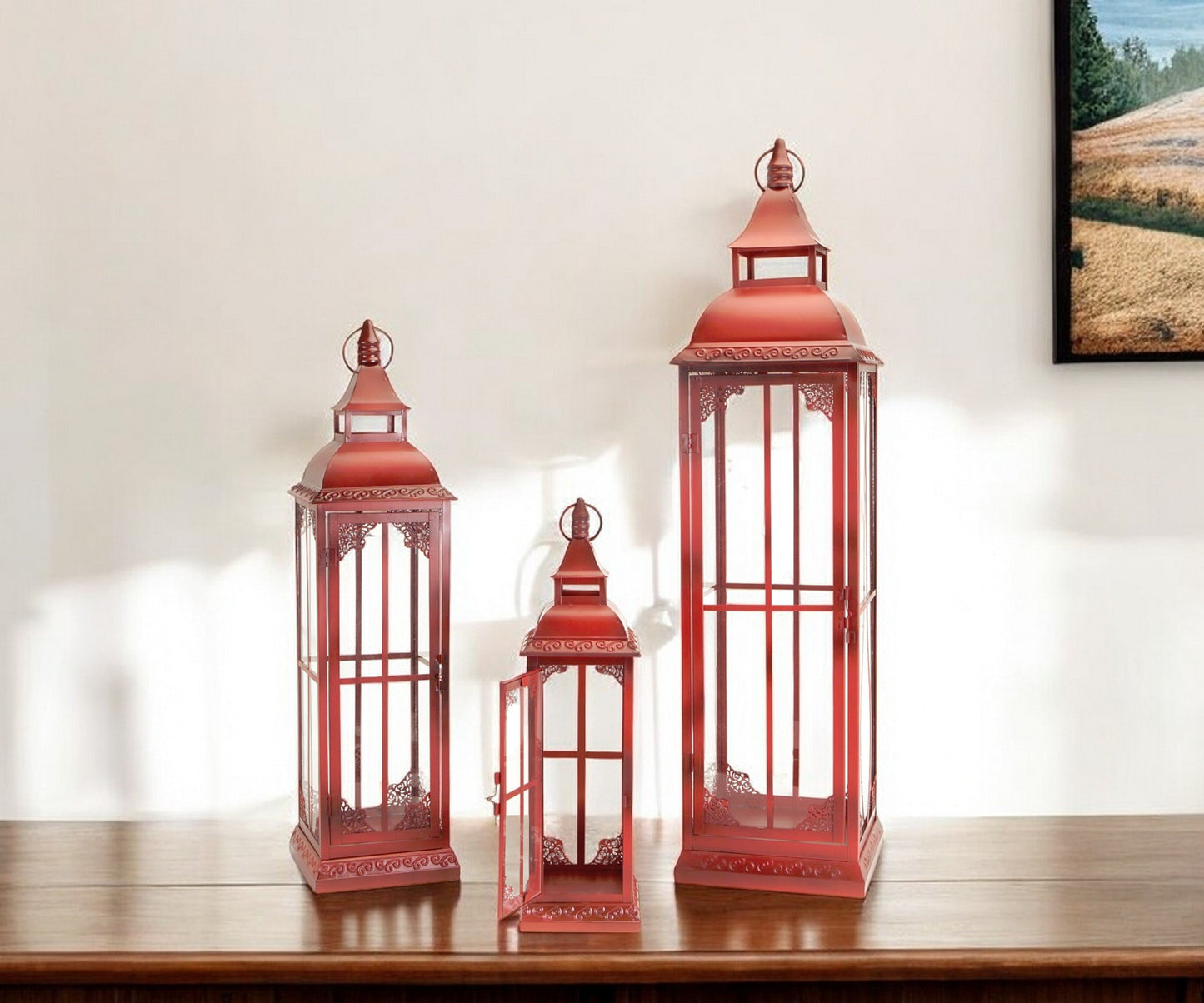 Set of Three Red Glass and Metal Ornate Floor Lantern Candle Holders By Homeroots | Candle Holders | Modishstore - 1