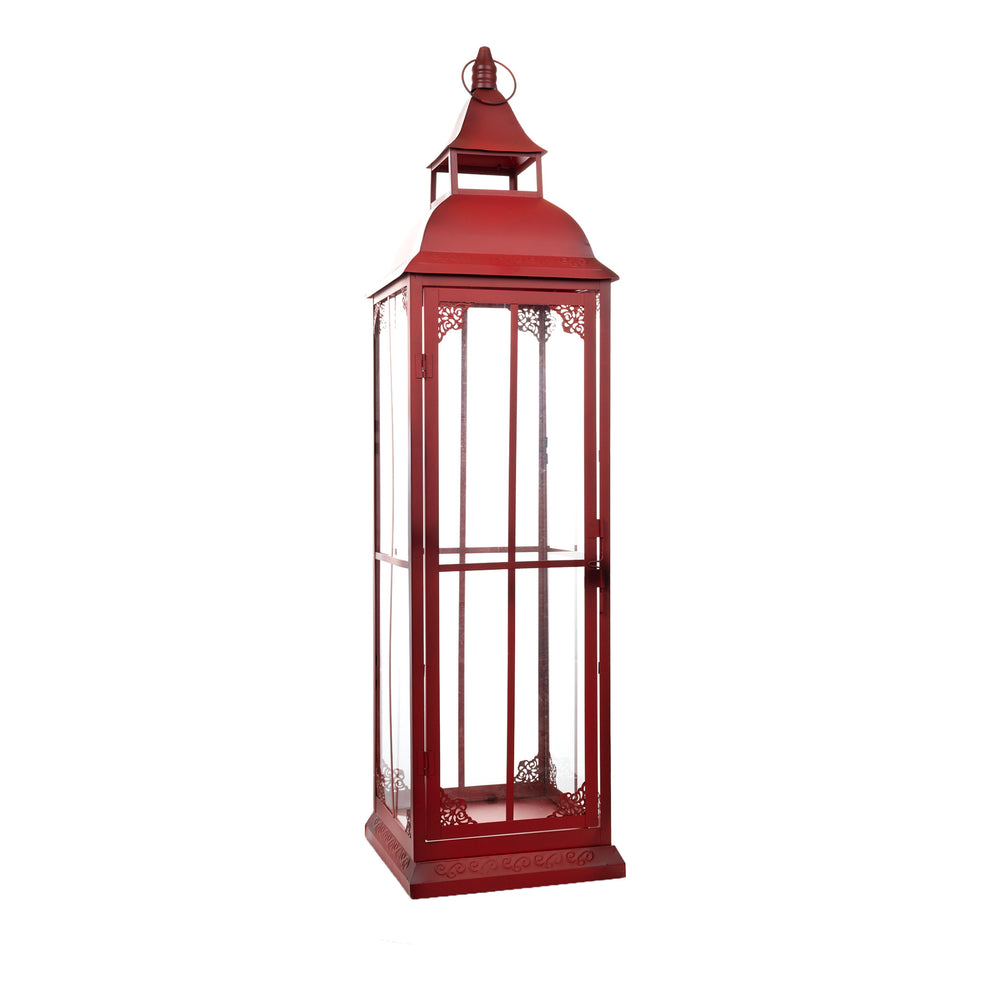 Set of Three Red Glass and Metal Ornate Floor Lantern Candle Holders By Homeroots | Candle Holders | Modishstore - 3