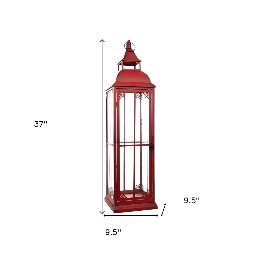 Set of Three Red Glass and Metal Ornate Floor Lantern Candle Holders By Homeroots | Candle Holders | Modishstore - 6
