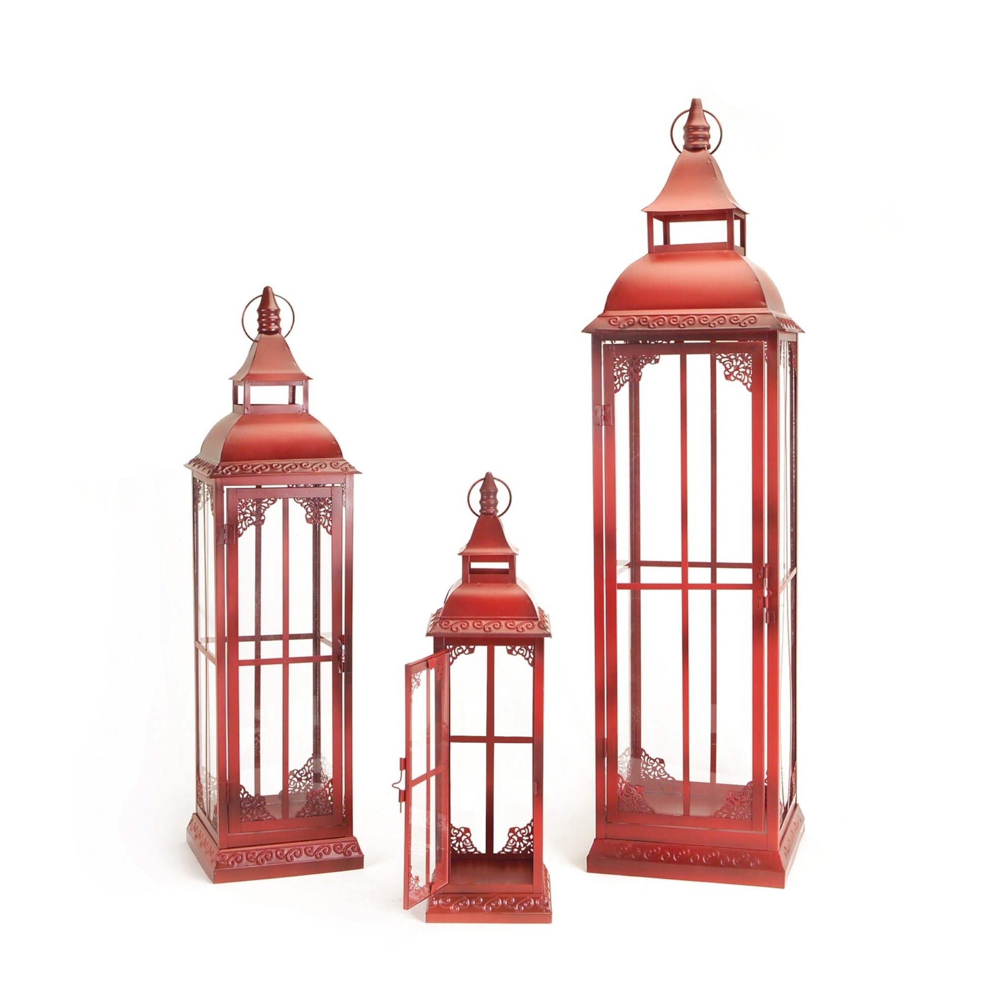 Set of Three Red Glass and Metal Ornate Floor Lantern Candle Holders By Homeroots | Candle Holders | Modishstore - 2